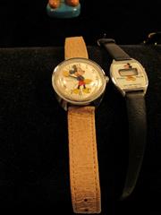 VINTAGE LOT OF WALT DISNEY MICKEY MOUSE WATCHES, EARRIINGS & FIGURE 